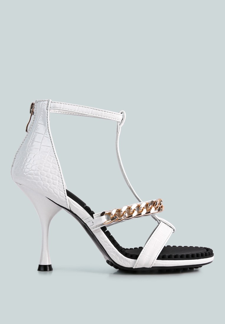 White Metal Chain Mid Heel Sandals