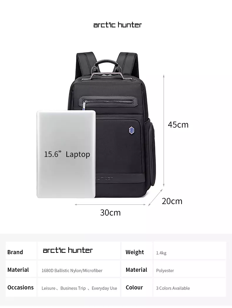 Arctic Hunter B00499 Tas Ransel Backpack Laptop Kerja pria 15.6 Inch - BLACK