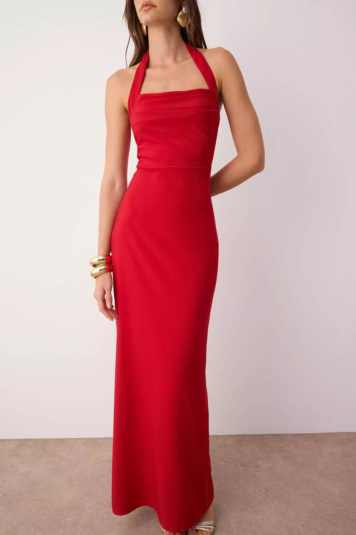 Red Body Fitting Degaje Collar Long Stylish Evening Dress