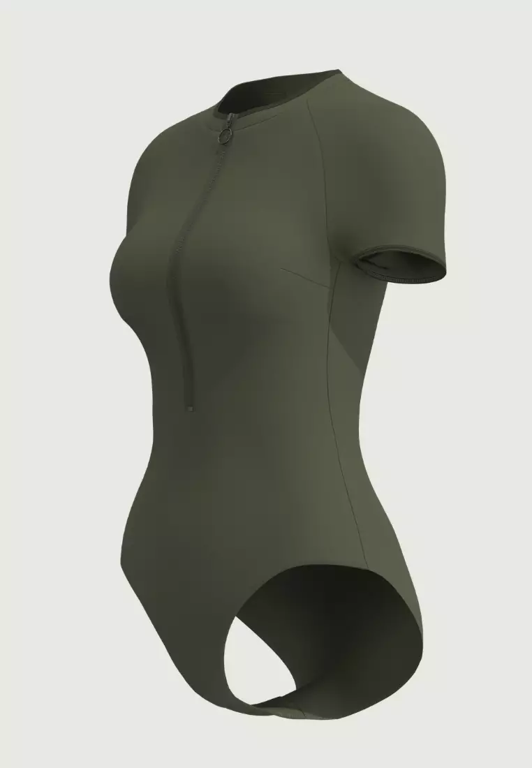 Soulistic Solid軍綠色前置拉鍊短袖連身泳衣