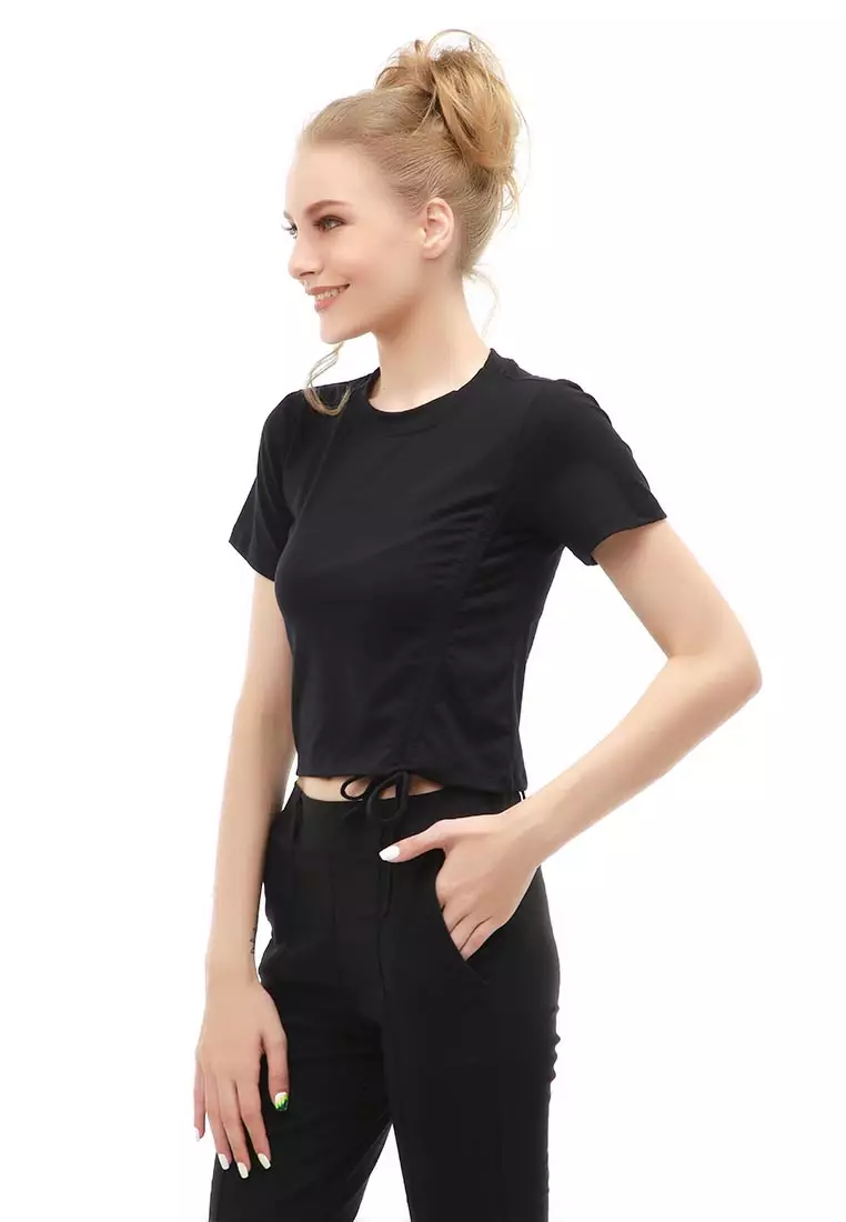 Genevie T-Shirt Kaos Crop Atasan Kasual Wanita Lengan Pendek Material Span Single Jersey ORIGINAL - Black