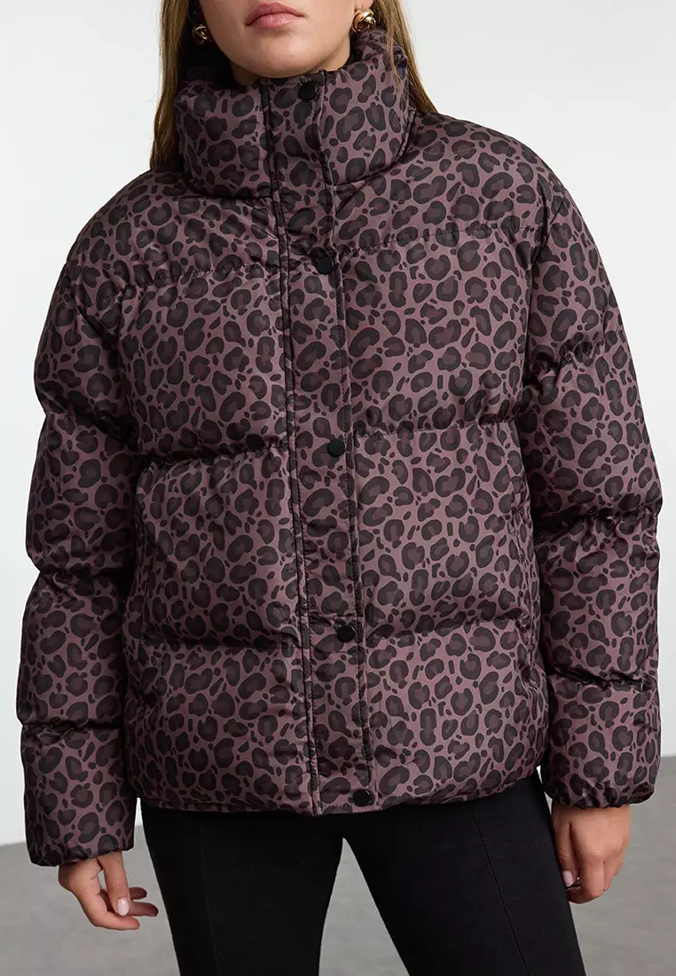 Multi-Colored Brown Leopard Patterned Oversize Puffer Jacket TWOAW25MO00222