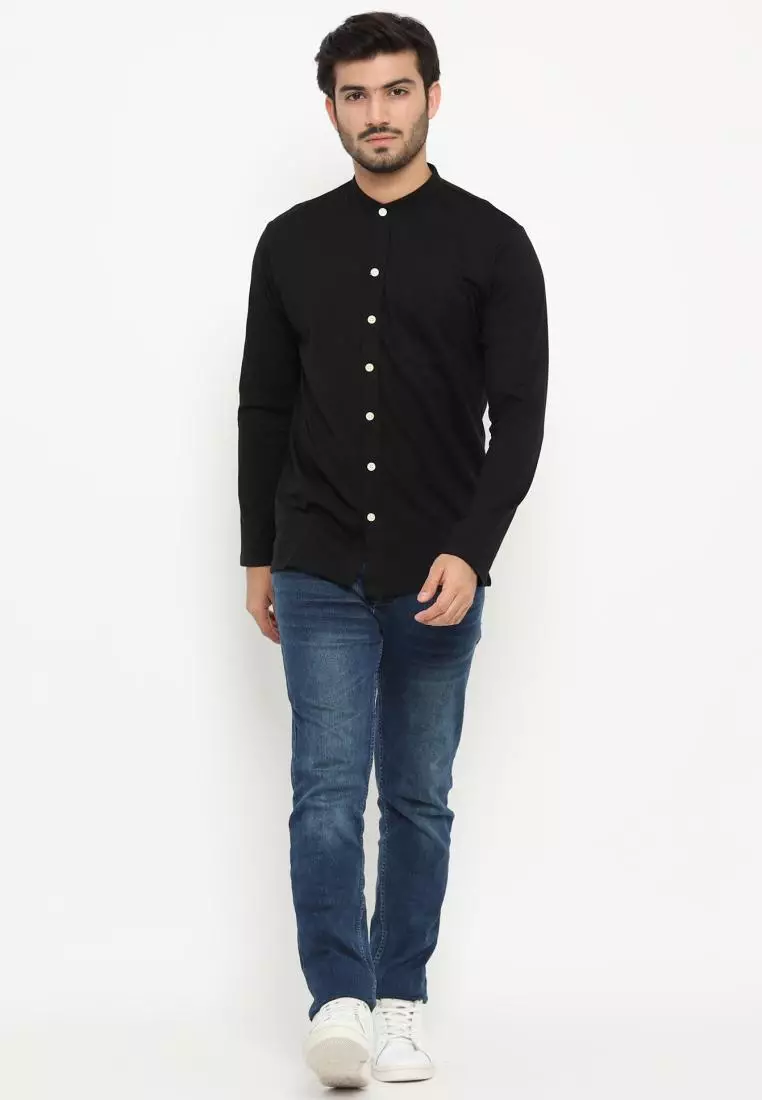 MATSUDA Kemeja Pria Polos Kerah Shanghai Lengan Panjang Katun Koshigaya