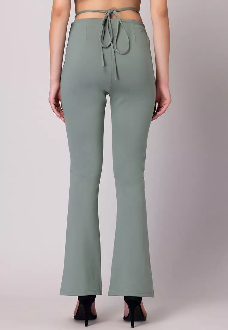 Light Green Flossing Detail Mid Rise Flared Leggings