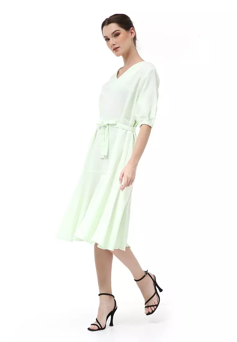 Rachel Midi Dress Ruffle Wanita with Strap Lengan Pendek Material Linen ORIGINAL - Soft Green