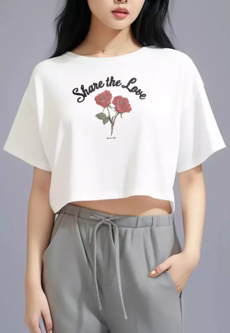 LTG36 Kaos gambar bunga mawar oversize olc "share the love" putih