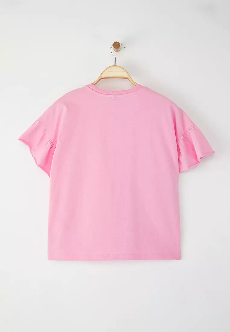Pink 100% Cotton Ruffle Detailed Basic Crew Neck Knitted T-Shirt Twoss22Ts2429