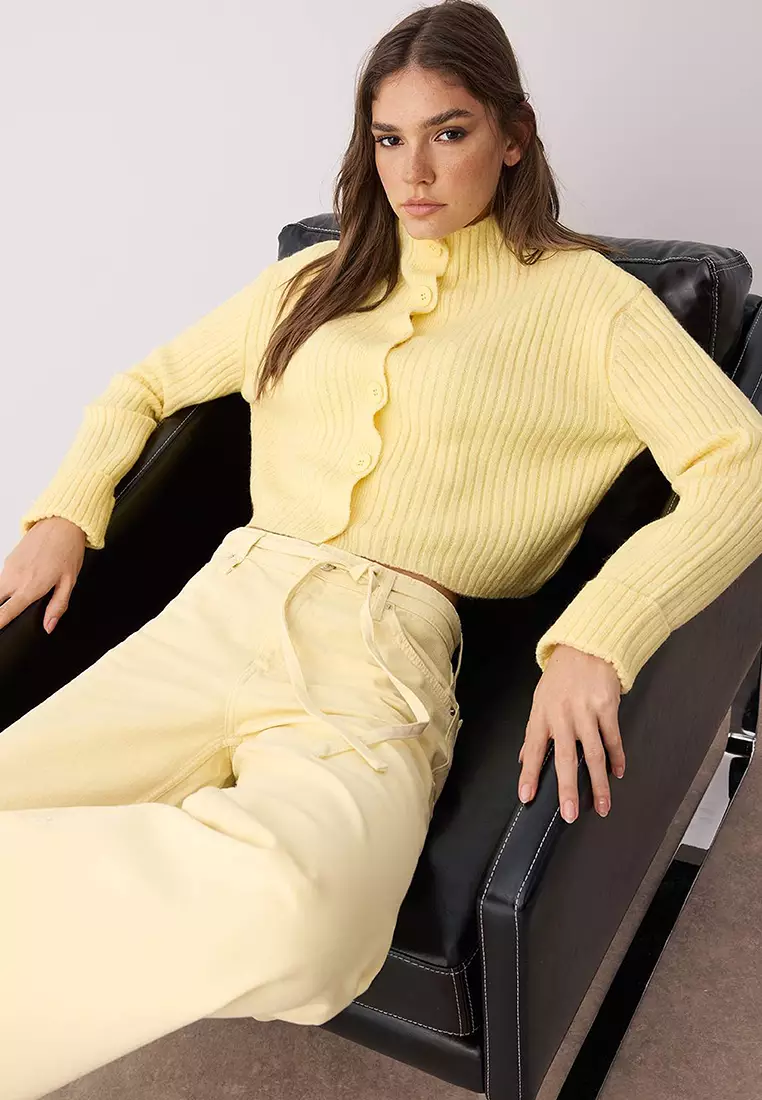 Yellow Crop Soft Textured Stand Collar Knitwear Cardigan