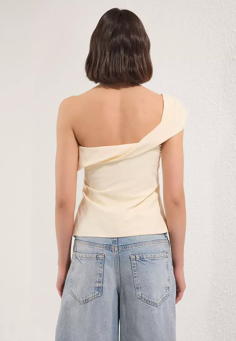 Light Beige Stone Single Shoulder Slim Fit Woven Blouse Twoss25Bz00522