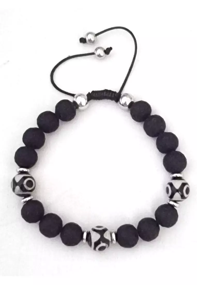 Aksesoris Pria Men's Accessories Tribal Agate Obsidian Beads Macrame Men's Bracelet Gelang Pria Black & Silver
