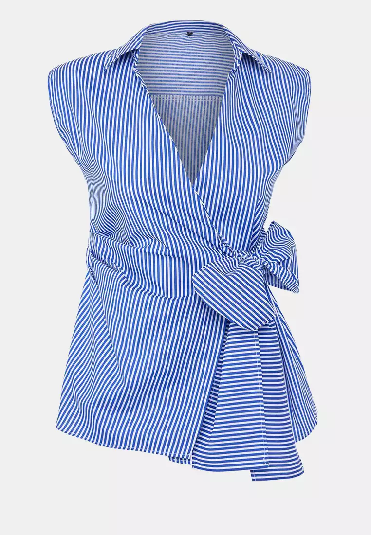 Blue Striped Double Breasted Tie Detailed Woven Blouse