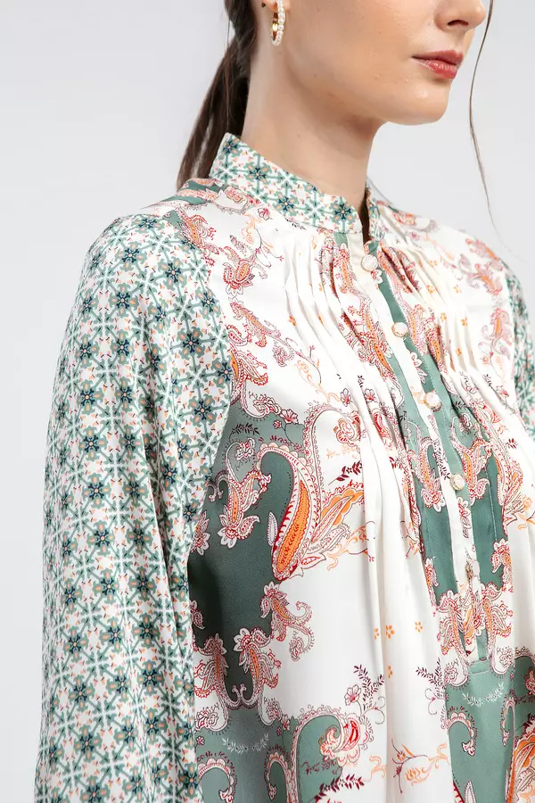 MINIMAL - Pervin - Tunic Pintuck Motif Paisley - Green