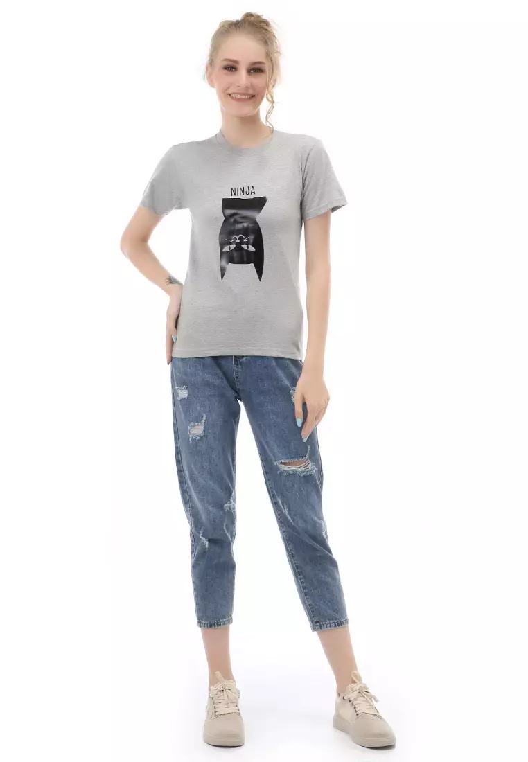 Genevie T-Shirt Kaos Kasual Wanita Cat Lover Short Sleeve Material Cotton Combed ORIGINAL - Light Misty