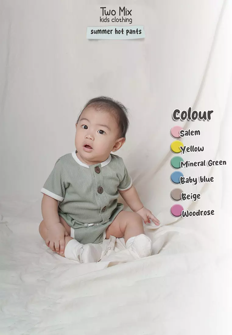 Two Mix - Setelan Baju Anak Lengan Pendek Perempuan / Laki-Laki - Stelan Anak Unisex - Summer Set Hot Pants 0-2 Tahun 4360D Mineral Green