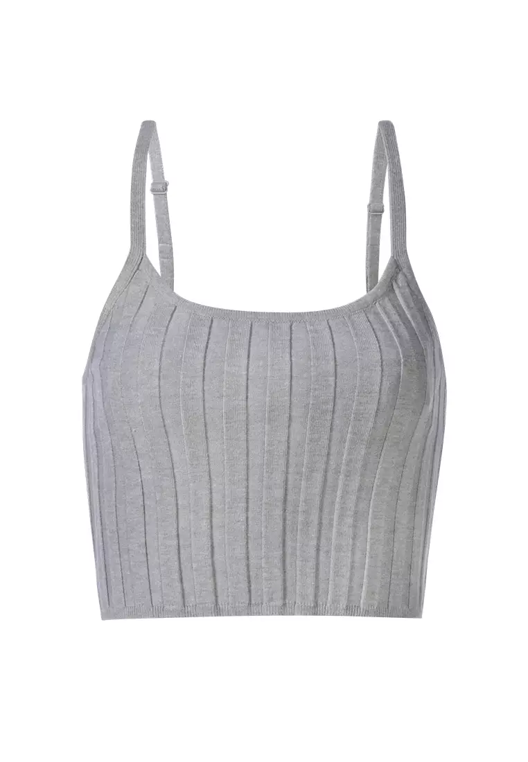 Rib Knit Spaghetti Crop Top in Heather Grey