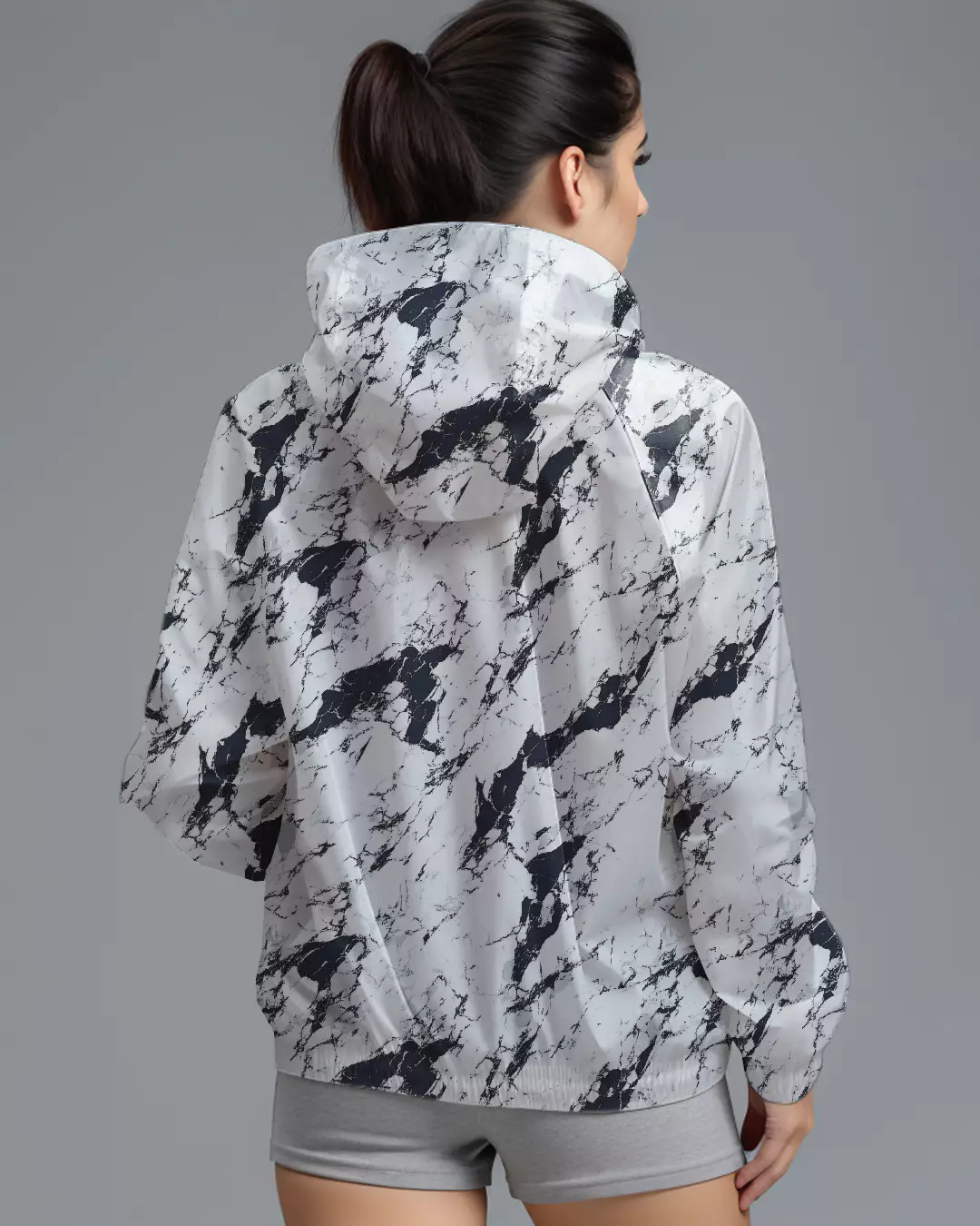 LSD74 Jaket Lari Olahraga Wanita Parasut motif "white marble" putih