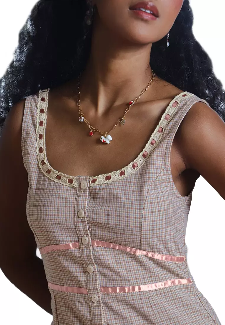 Checkered Button Down Mini Dress with Contrast Piping Detail