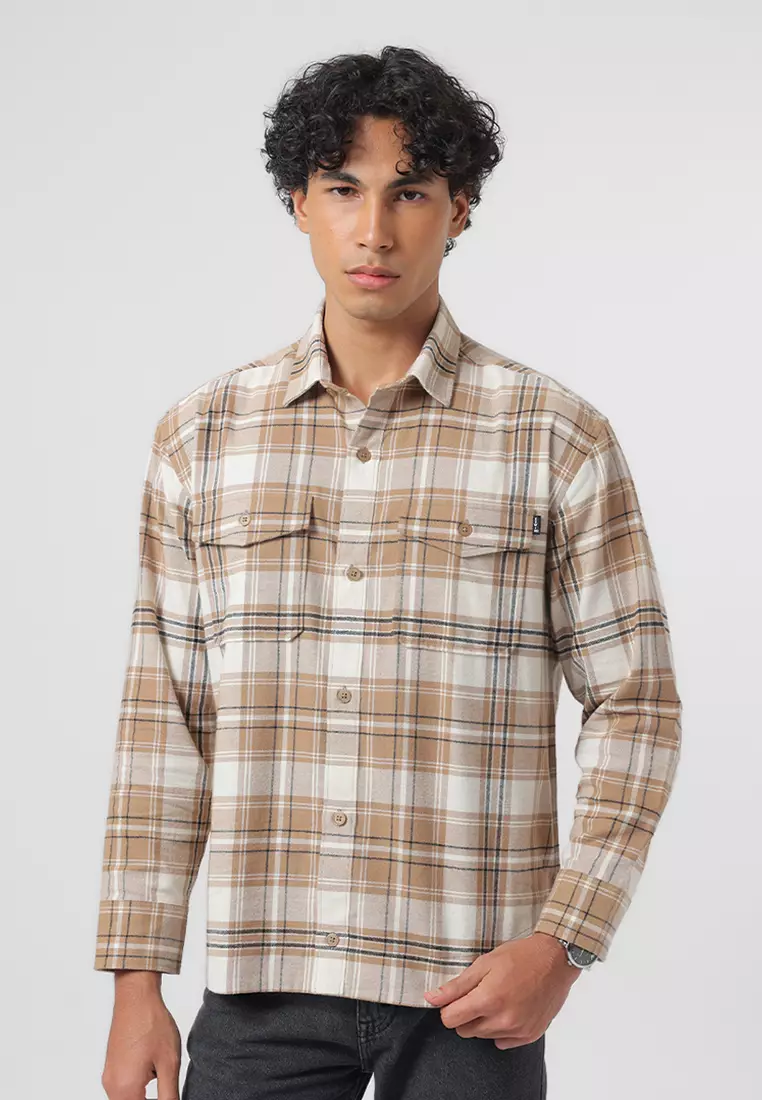 MELVINS - BEIGE Kemeja Flannel Pria Motif Kotak-Kotak Lengan Panjang Relaxed Fit