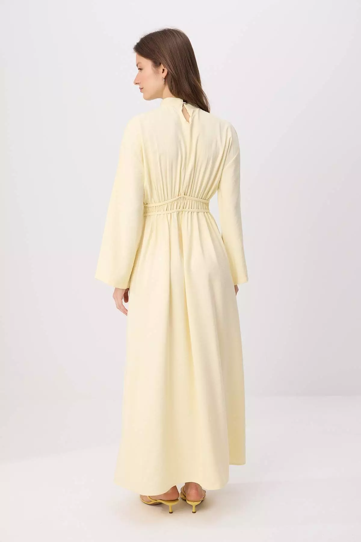 Light Yellow Double Layer Lace Detail Maxi Woven Hijab Dress Tctss26Eb00177
