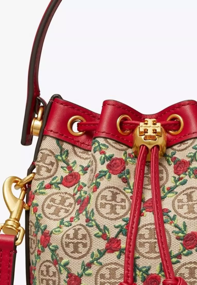 Tory Burch T Monogram Embroidered Mini Bucket Bag Hazelnut