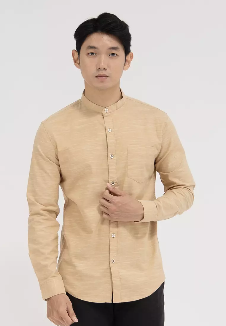 Kemeja collarless koko Slub mustard OXCON twotone mustard