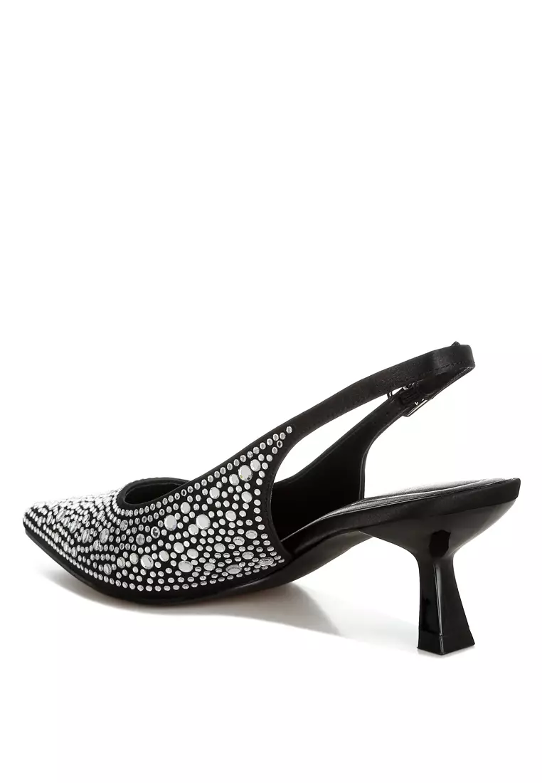 Pointed Toe Rhinestone Slingbacks in Black