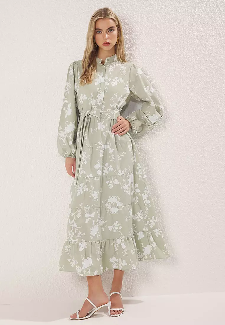Khaki Stand Collar Floral Belted Poplin Woven Dress Tctss24Eb00153