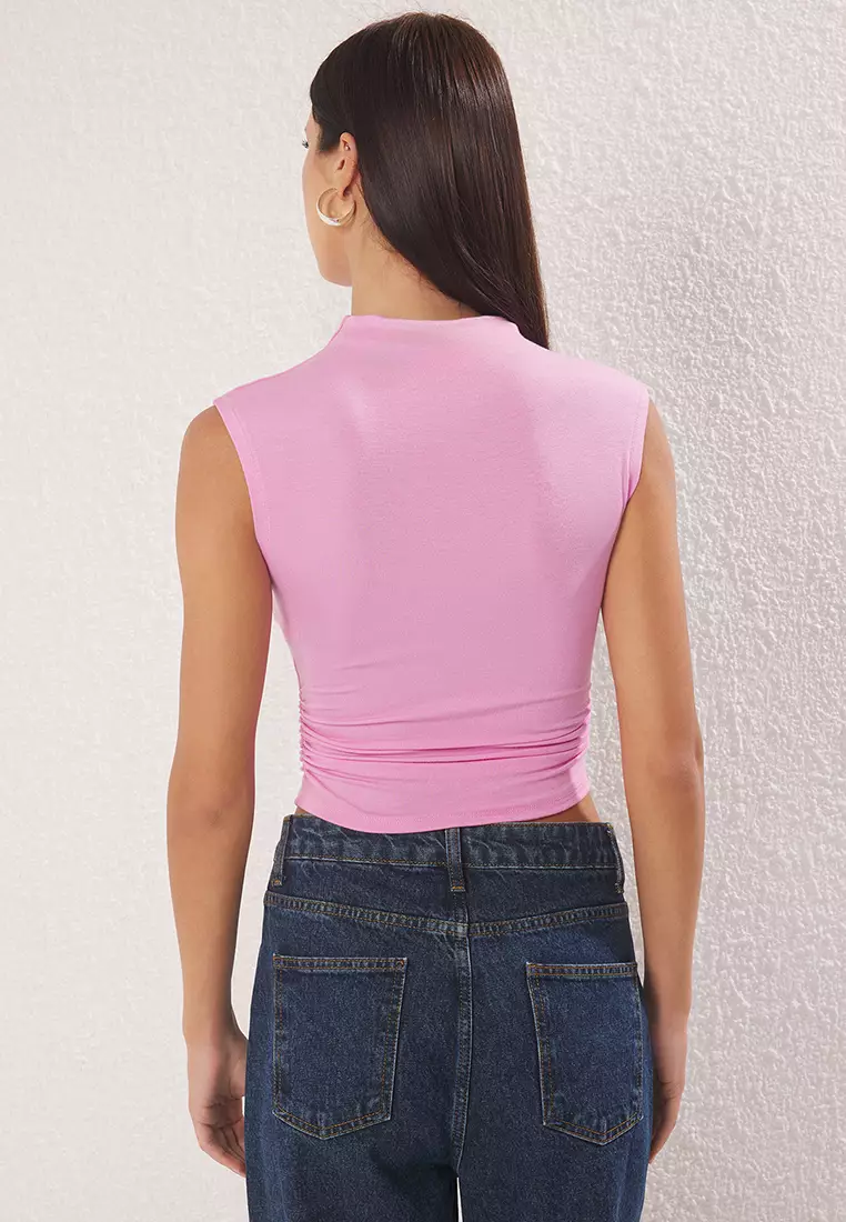 Light Pink Stand Collar Blouse Fitted Asymmetric Knitted