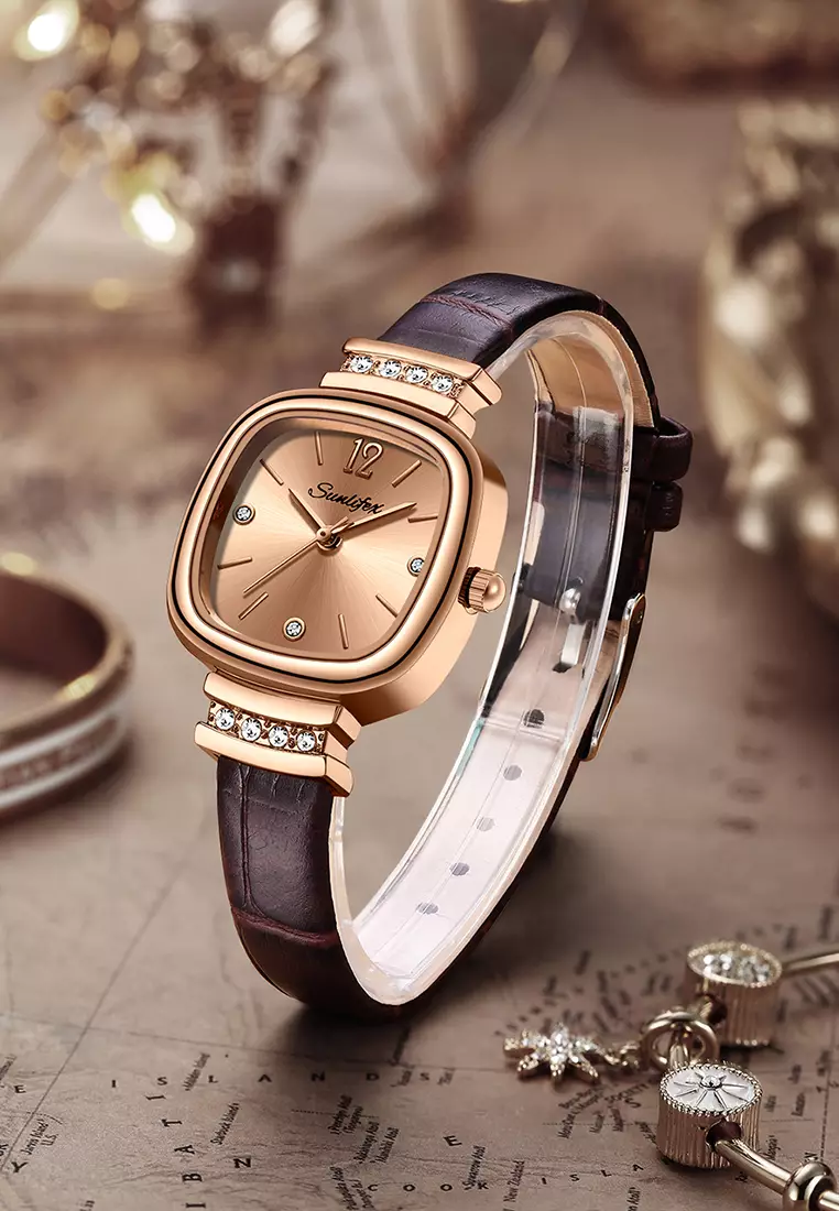 8001 Jam Tangan Wanita Original Berlian Gaya Antik Anggun Jam Kuarsa Tali Kulit Jam Tangan Cewek brown