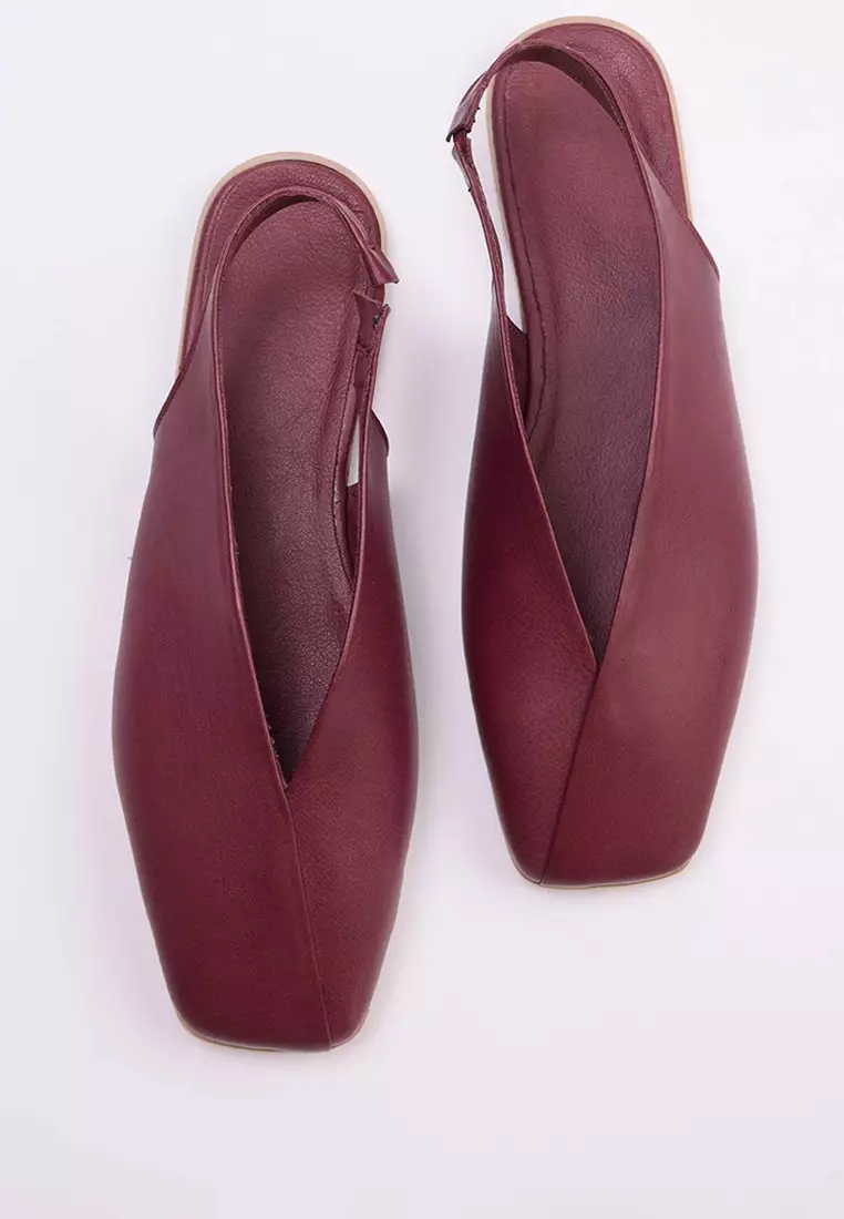 Burgundy Genuine Leather Open Back Square Toe Women'S Ballerinas Takss25Be00018