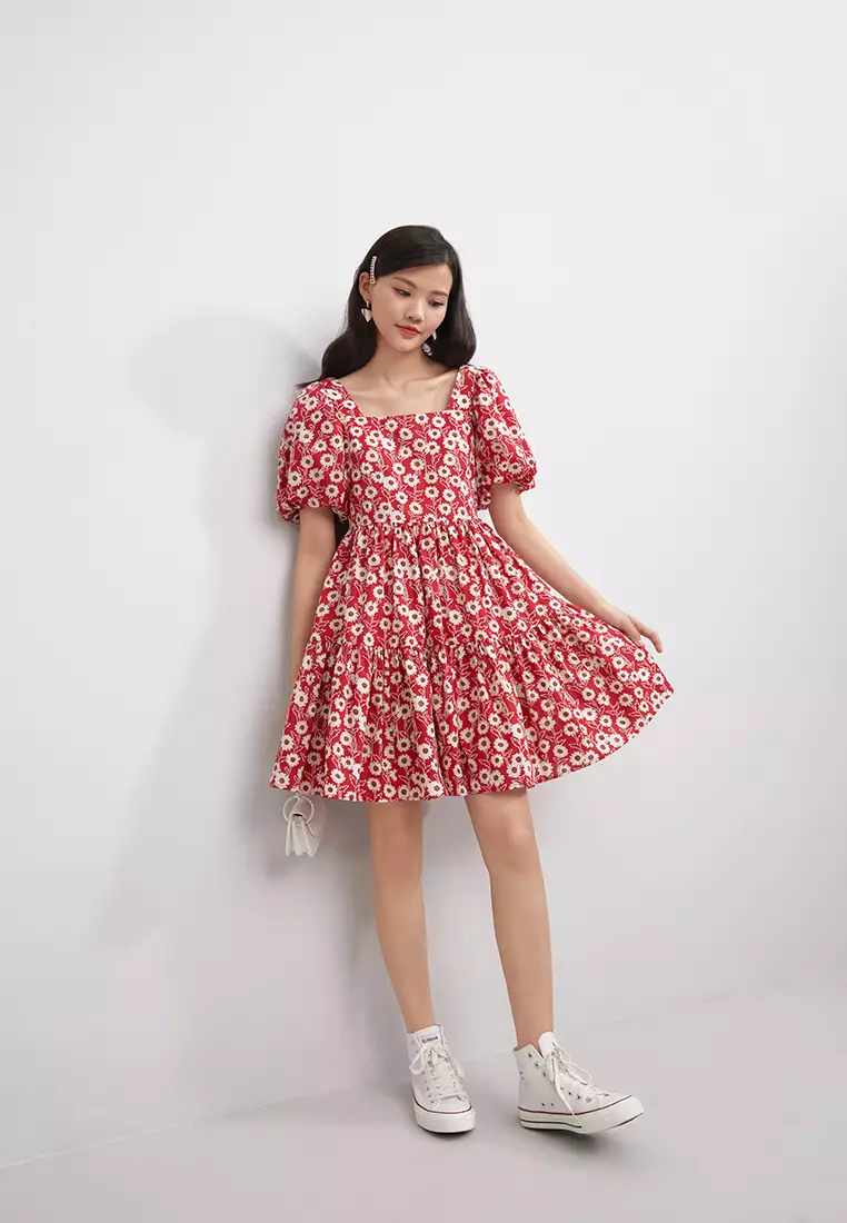 Buy Hopeshow Square Neck Flare Hem Floral Mini Dress 2024 Online