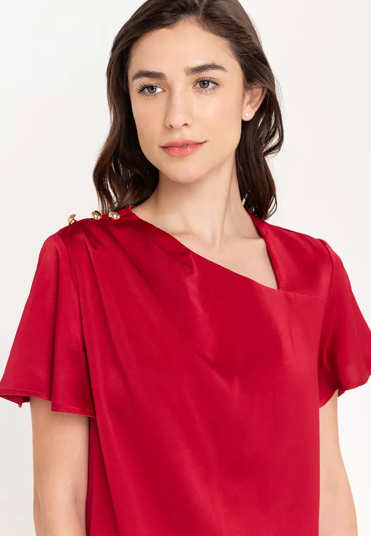 Camie Asymmetrical Neckline Top With Shoulder Pleats