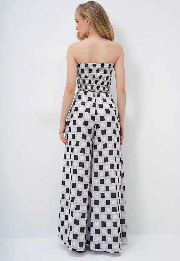 Women's Black Waist Gimped Wide Leg Pants And Gimped Crop Bustier Suit Alc-X14058