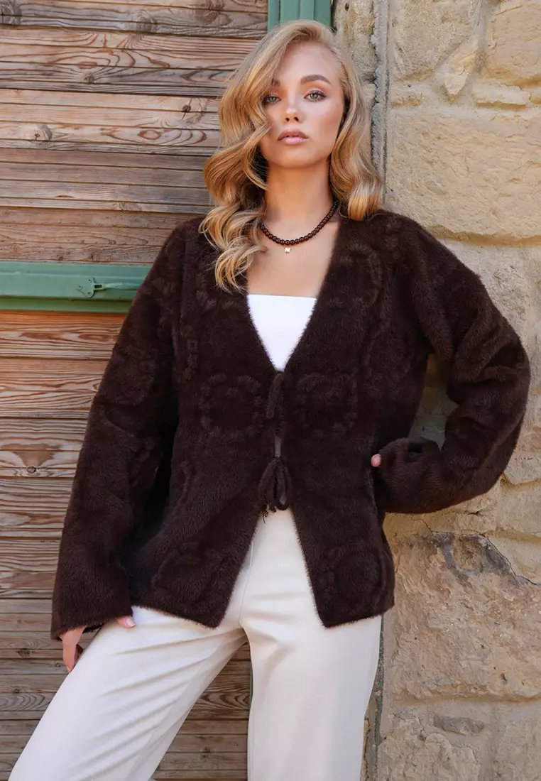 Buy Alacati Women's Brown Embossed Pattern Soft Bearded Knitwear Jacket ...