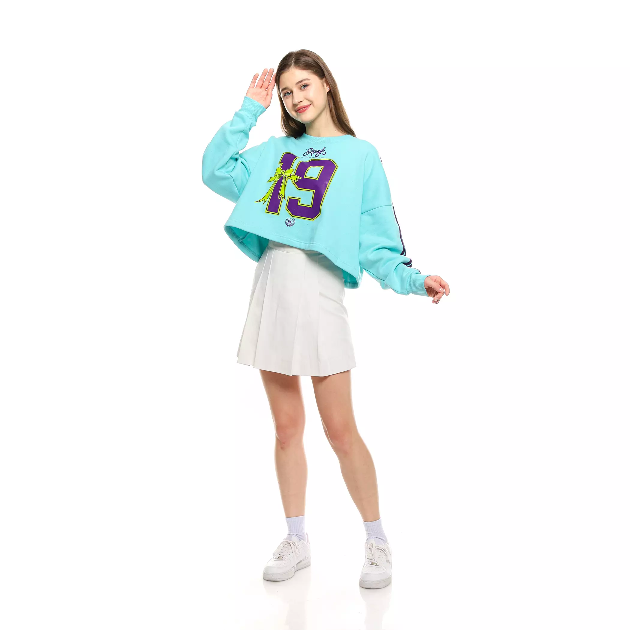 Enough For Today - Sweater Crop Oversize Crewneck Wanita Coquette 19 Skyblue Korea Variasi Garis