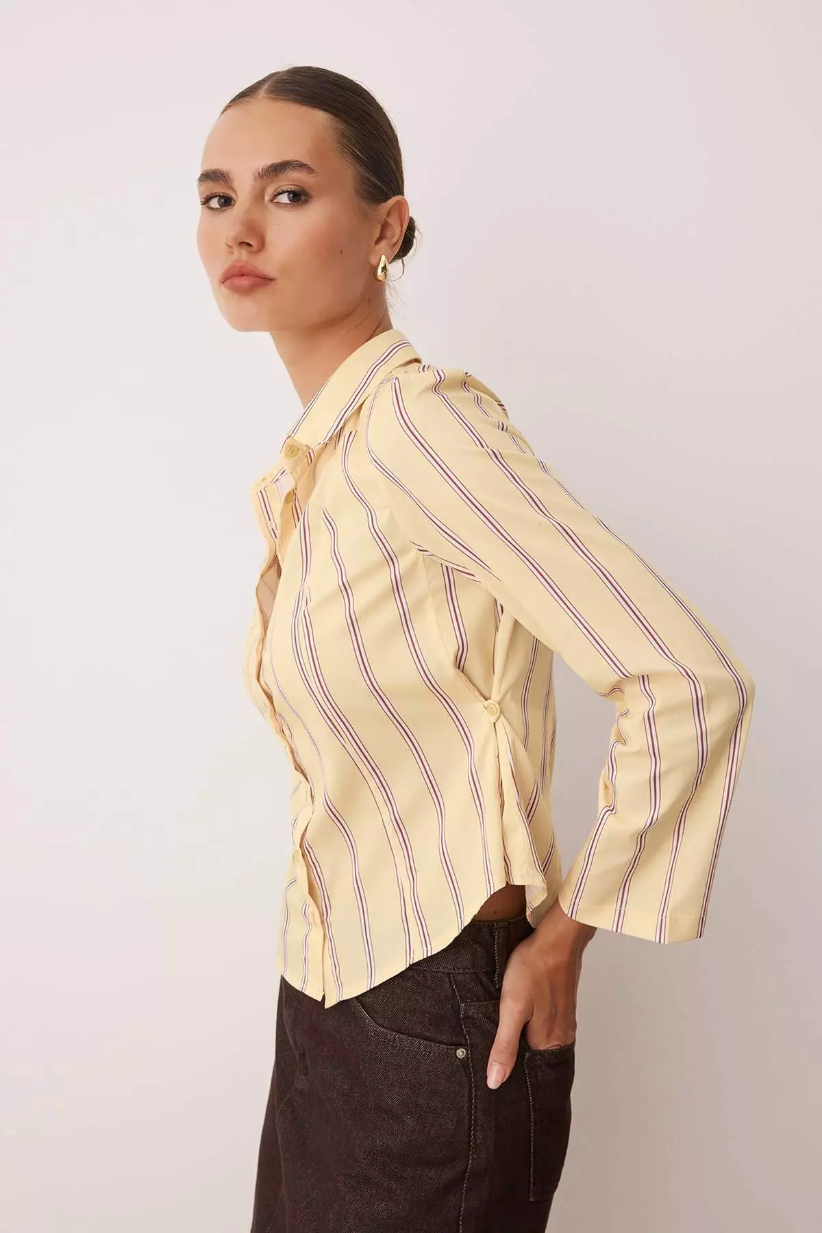 Yellow-Multicolored Waist Gathered Fitted Wide Sleeve Shirt