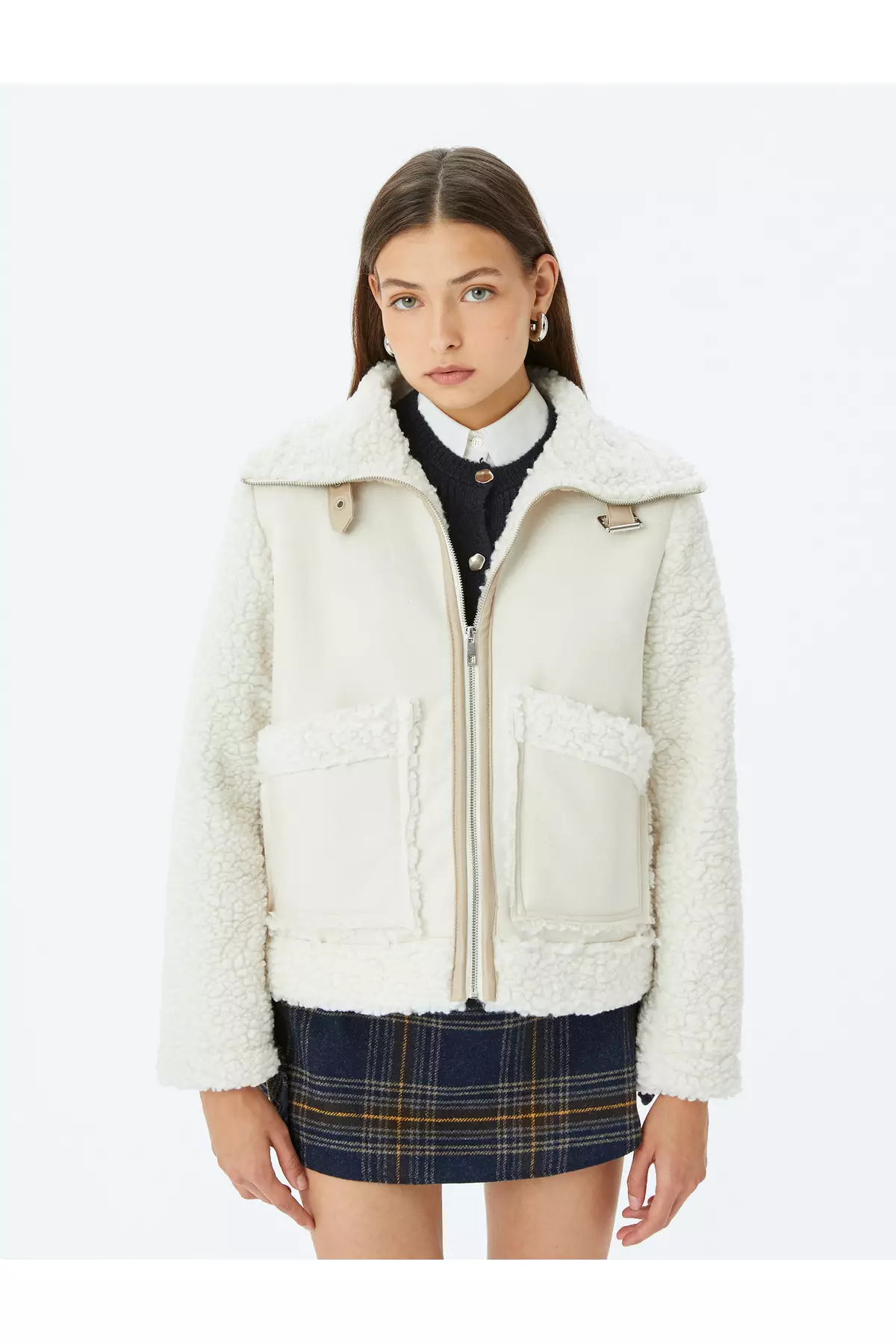 Suede Look Plush Inside Stand Collar Zippered Pocket Jacket