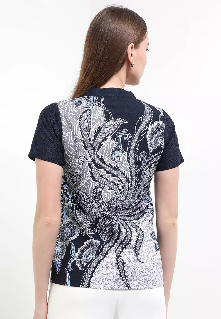 Blouse Atasan Batik Wanita Lengan Pendek Bernanda Navy