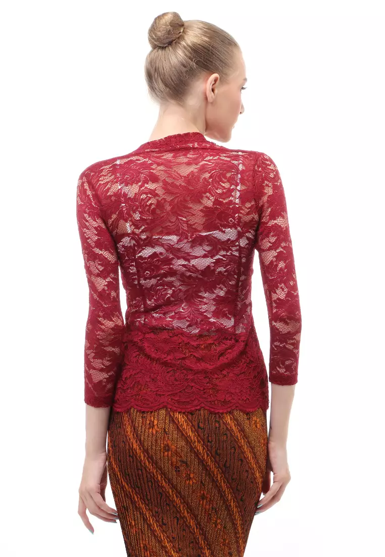 Hara Kebaya Seri 1 Motif Brokat Long Sleeves Atasan Wanita Transparan Premium Quality - Maroon