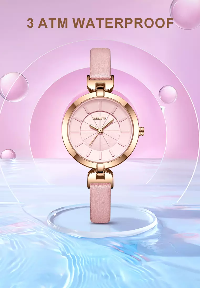 Jam Tangan Wanita Anggun Gaya Tali Kulit Anti Air Kuarsa Jam Tangan Cowok warna merah muda