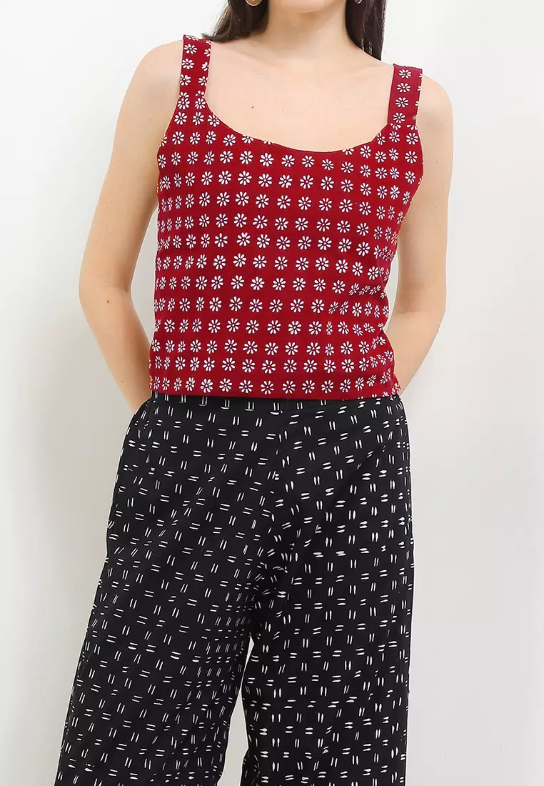 Setelan Myra Batik One Set Atasan Croptop dan Celana Kulot Bawahan Hitam Maroon