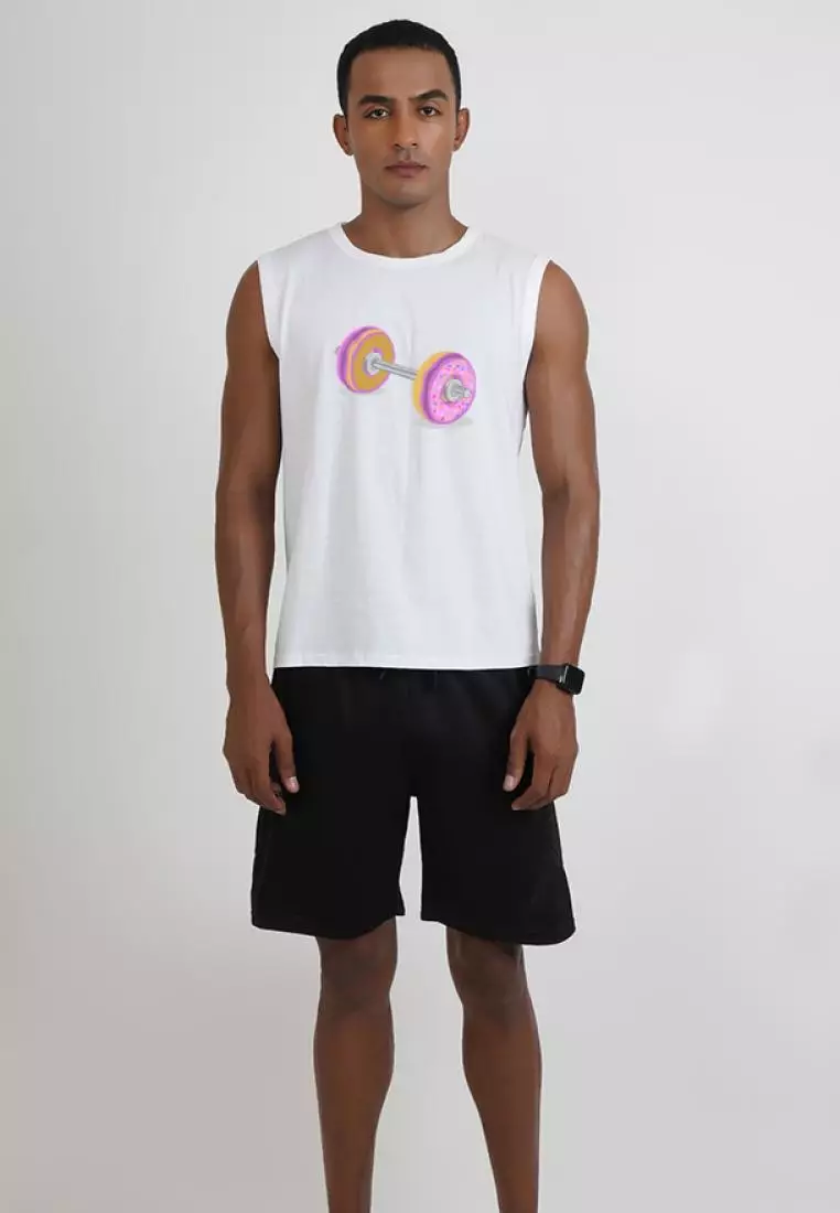 甜甜圈杠铃图案白色棉质无袖健身/训练背心