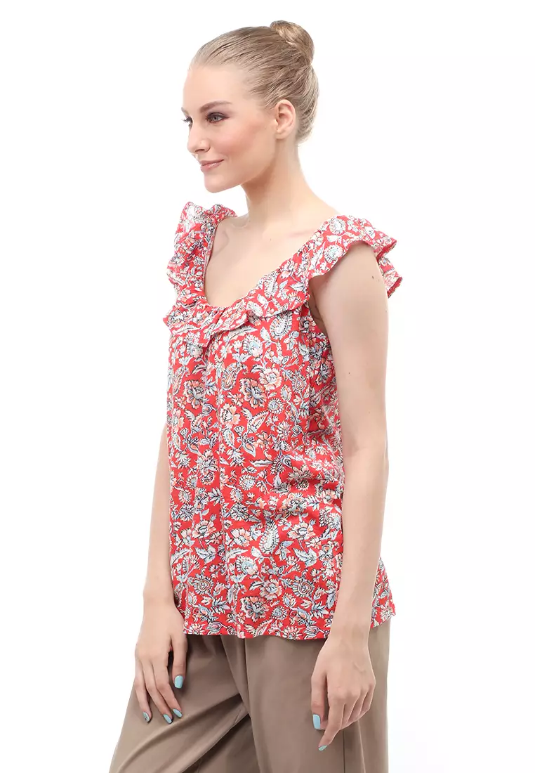 Baju Atasan Ruffled Linen Blend Jersey Wanita Relaxed Fit - Orange Floral