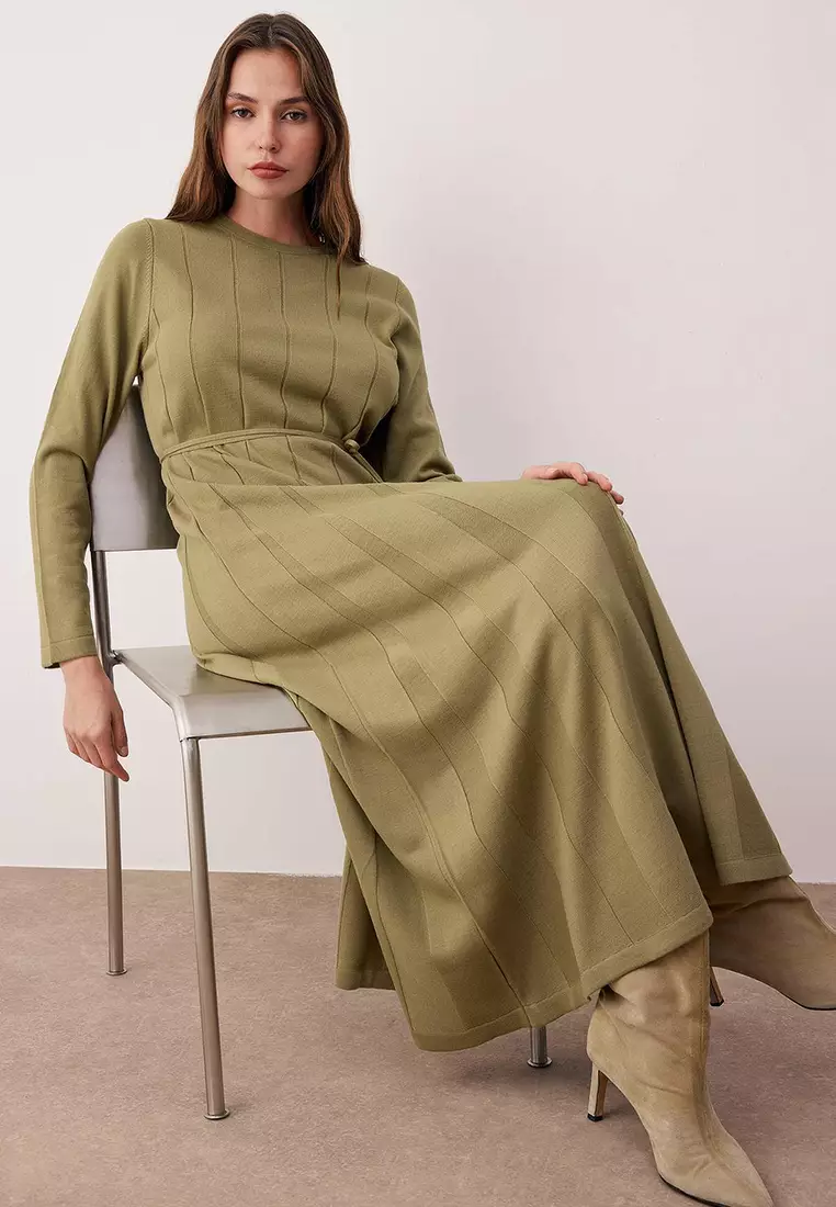 Khaki Oil Green Thin Belted Pleated Knit Dress