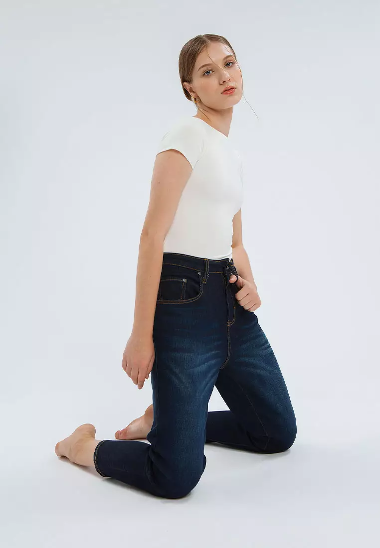 Minimal 305 High waisted Cropped MOM Jeans DARK BLUE Warna DARK BLUE