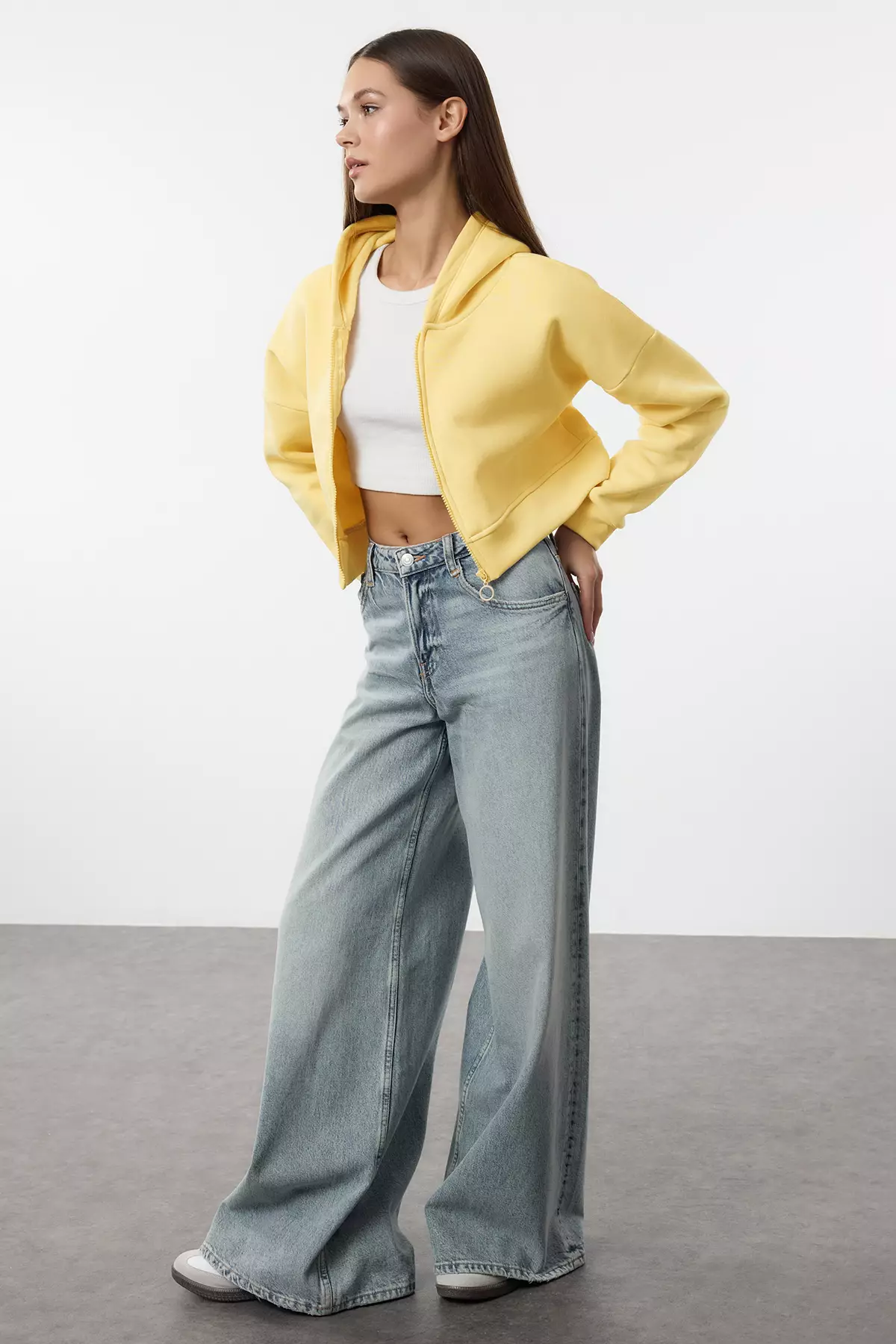 Light Yellow Zipper Hooded Relaxed Fit Crop Thick Inner Fleece Knitted Sweatshirt Twoaw2Sw66