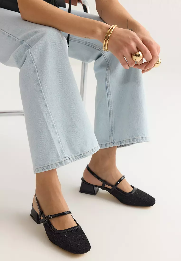 Black Tweed Square Toe Mary Jane Women Block Heels Shoes Takss25To00023