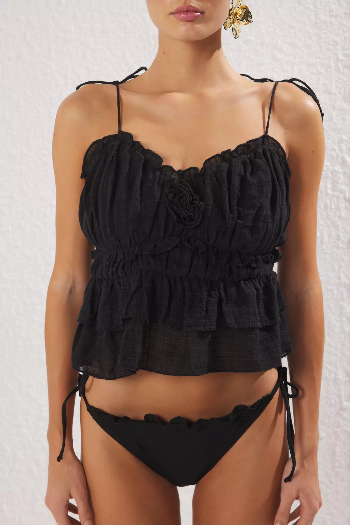 Black Floral Appliqued Linen Look Woven Beach Blouse