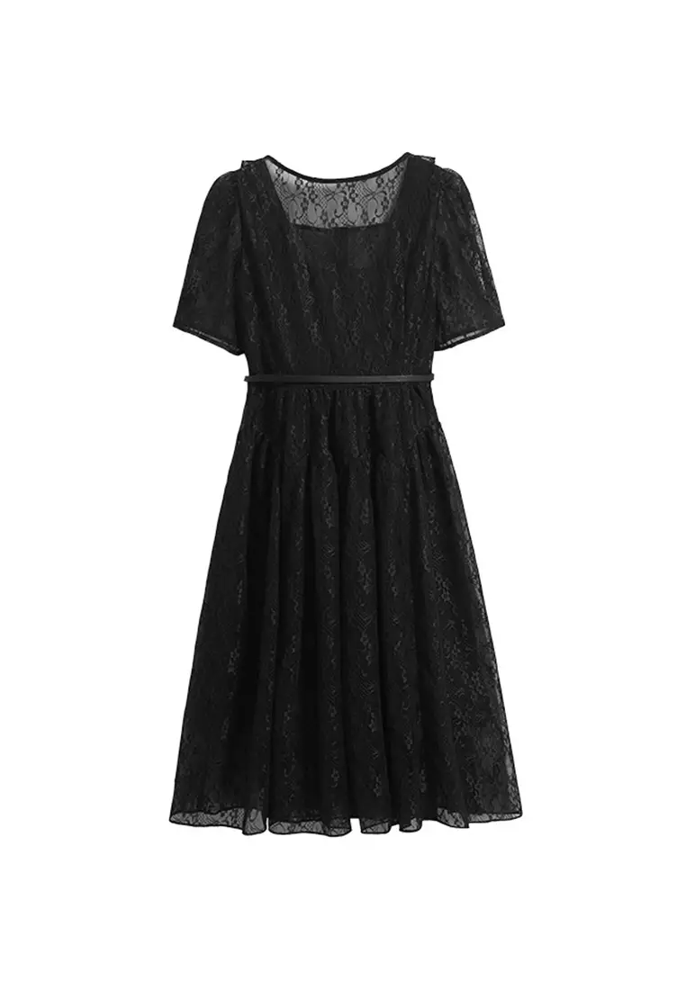 Square Neck Short Sleeve Lace Cocktail Dress