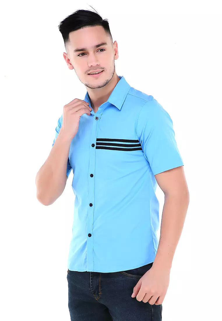 Dwan Atasan Kemeja Pria Three Lines Slim Fit Casual Shortsleeve Shirt Material Cotton ORIGINAL - Blue